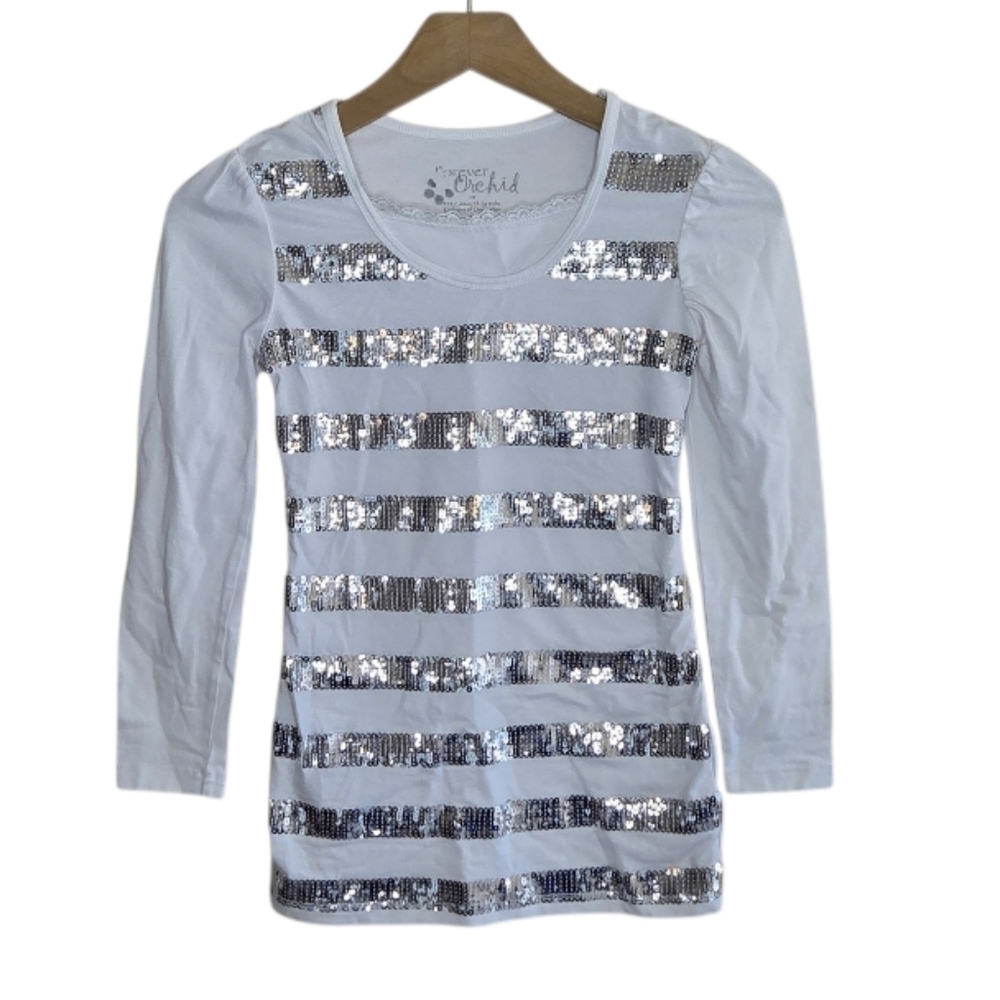 Forever Orchid White & Silver Sequin Striped Tunic Top Girls Size 10